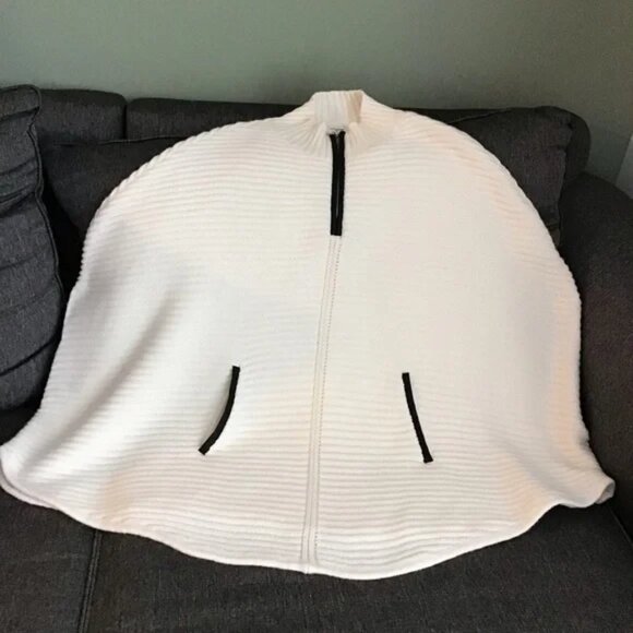 New York and Company Faux Leather Trim Zip Poncho White - Picture 3 of 7